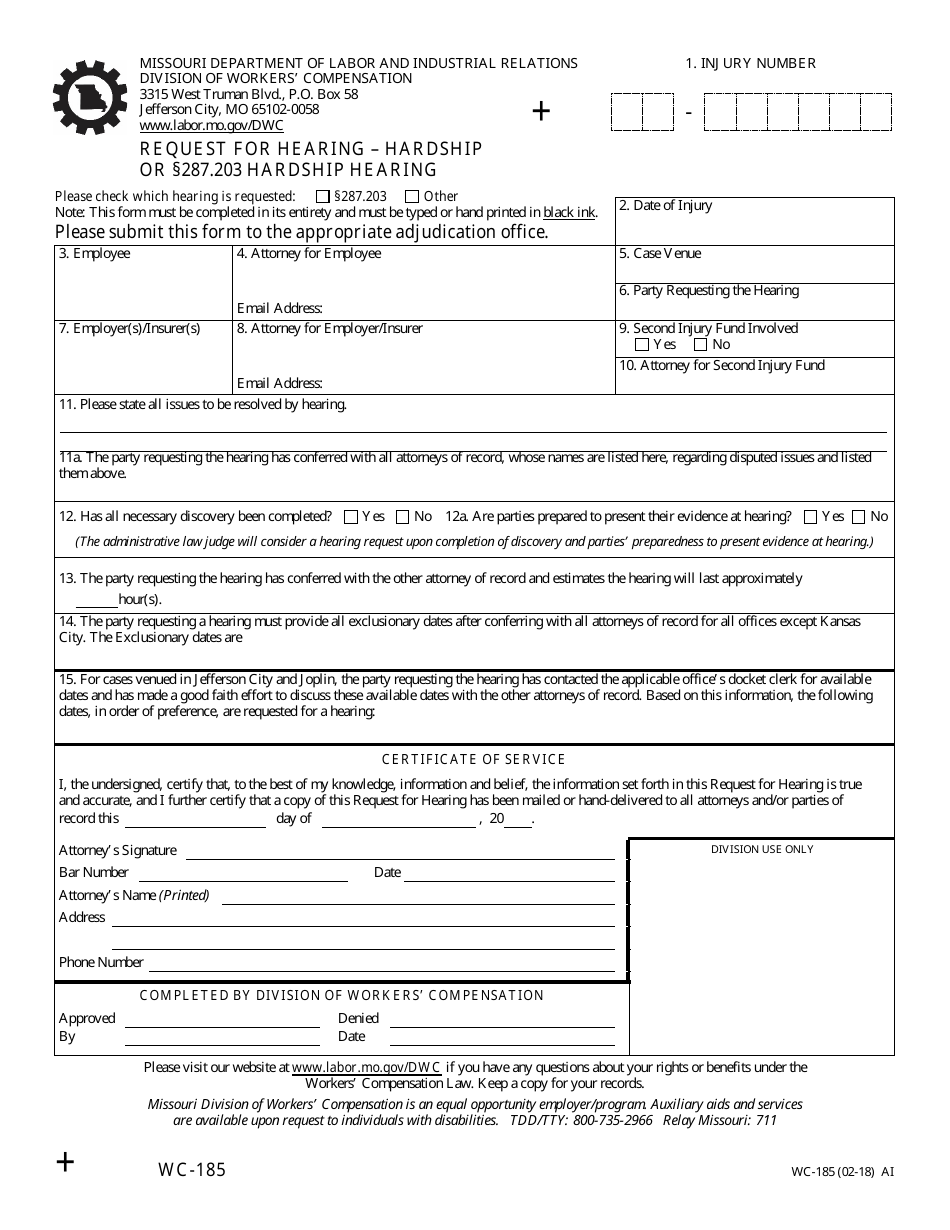 Form WC-185 Request for Hearing-Hardship or Section 287.203 Rsmo Hardship Hearing - Missouri, Page 1