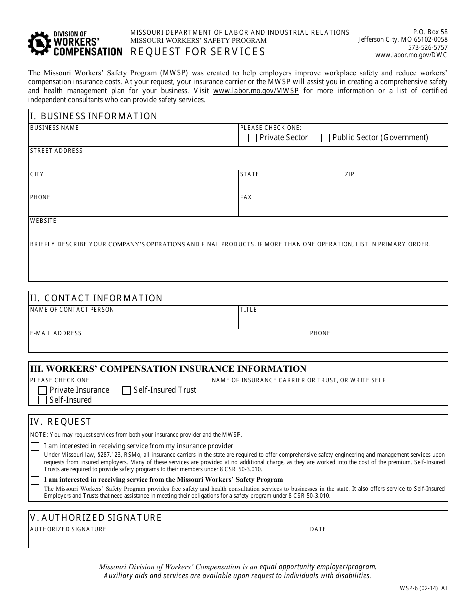 Form WSP-6 Request for Services - Missouri, Page 1