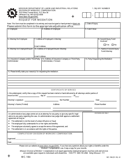 Form WC-184 Request for Mediation - Missouri
