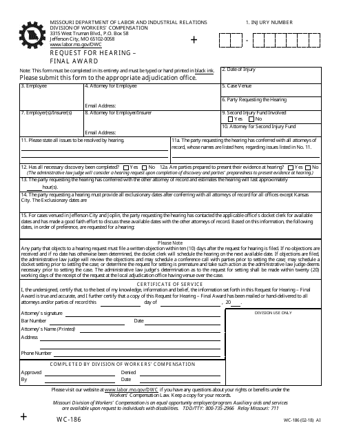 Form WC-186 Request for Hearing - Final Award - Missouri