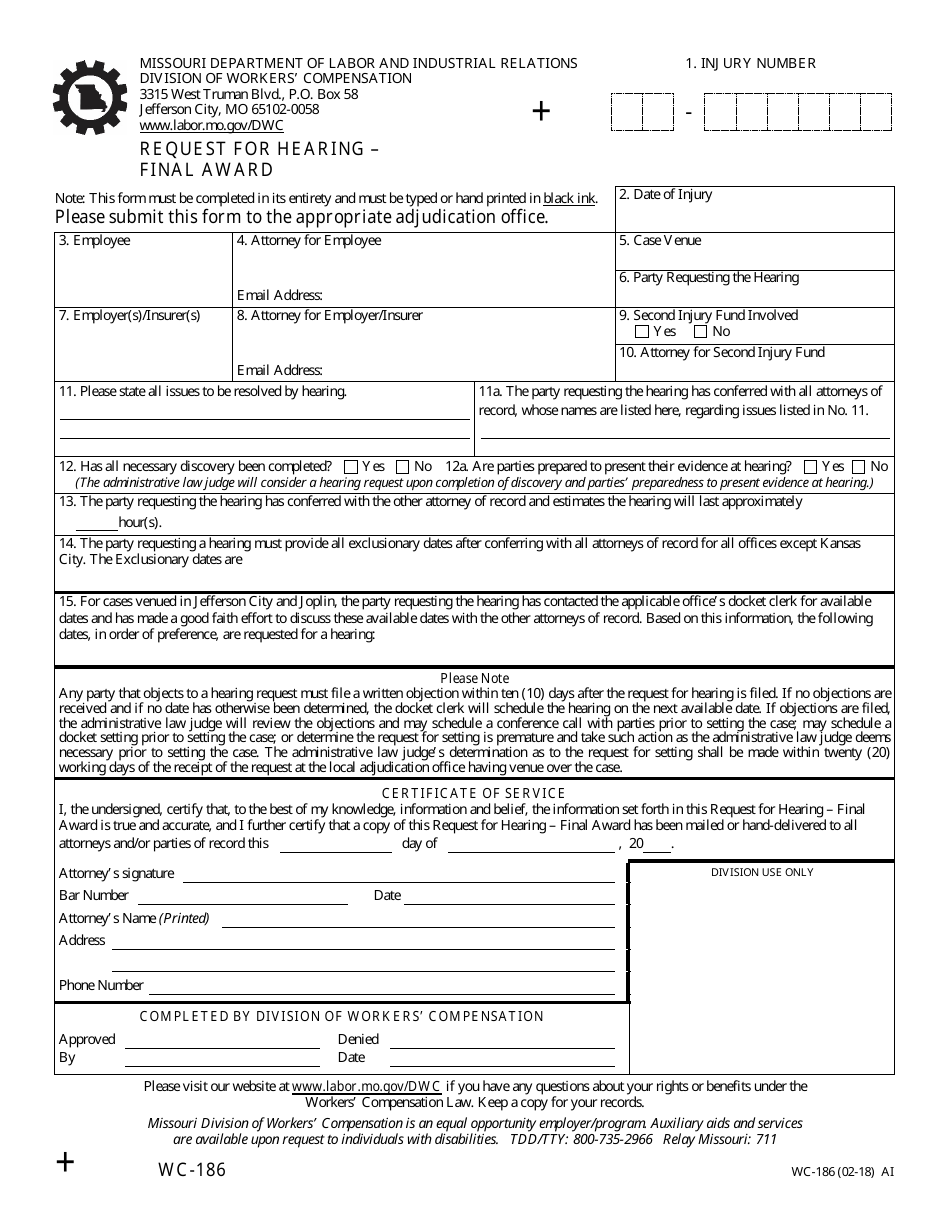 Form WC-186 Request for Hearing - Final Award - Missouri, Page 1