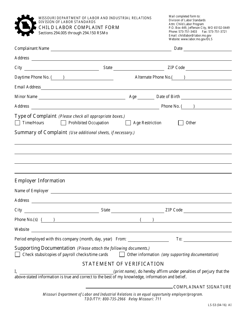Form LS-53 Child Labor Complaint Form - Missouri, Page 1