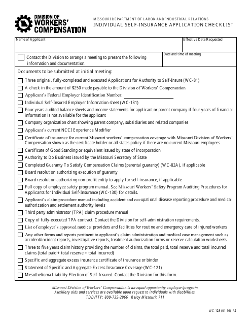 Form WC-128 Individual Self-insurance Application Checklist - Missouri