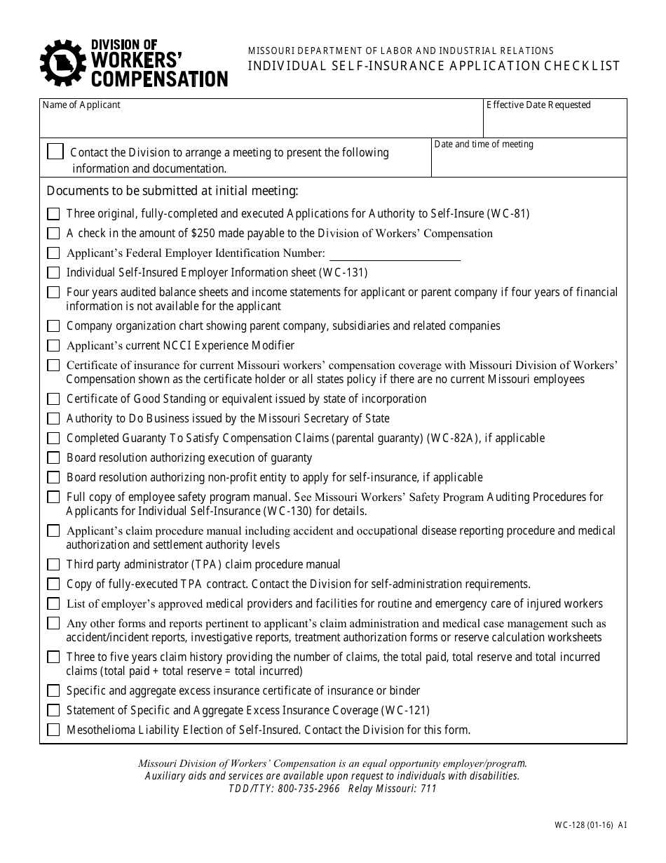 Form WC-128 Individual Self-insurance Application Checklist - Missouri, Page 1