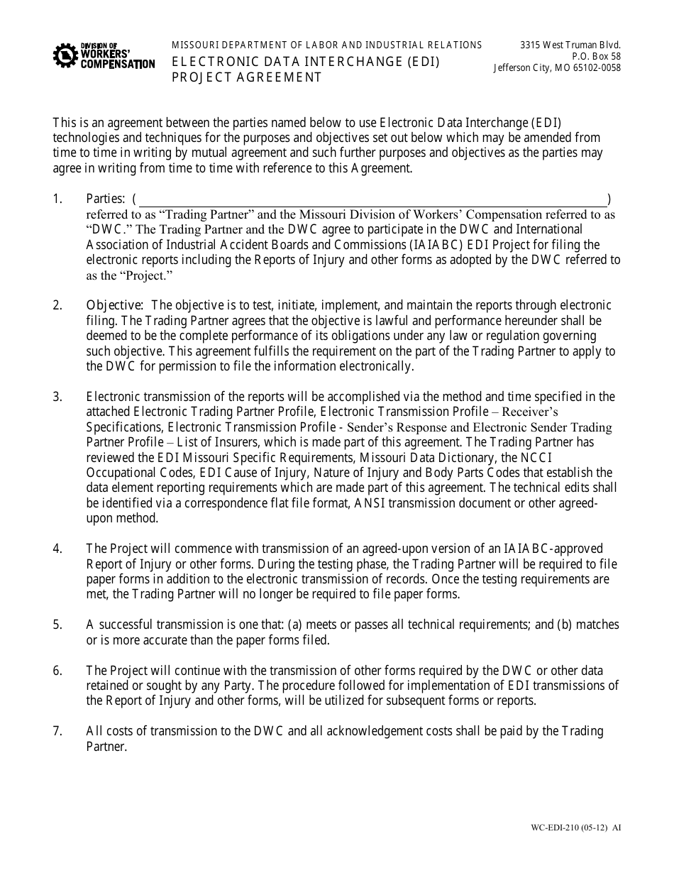 Form WC-EDI-210 Electronic Data Interchange (Edi) Project Agreement - Missouri, Page 1