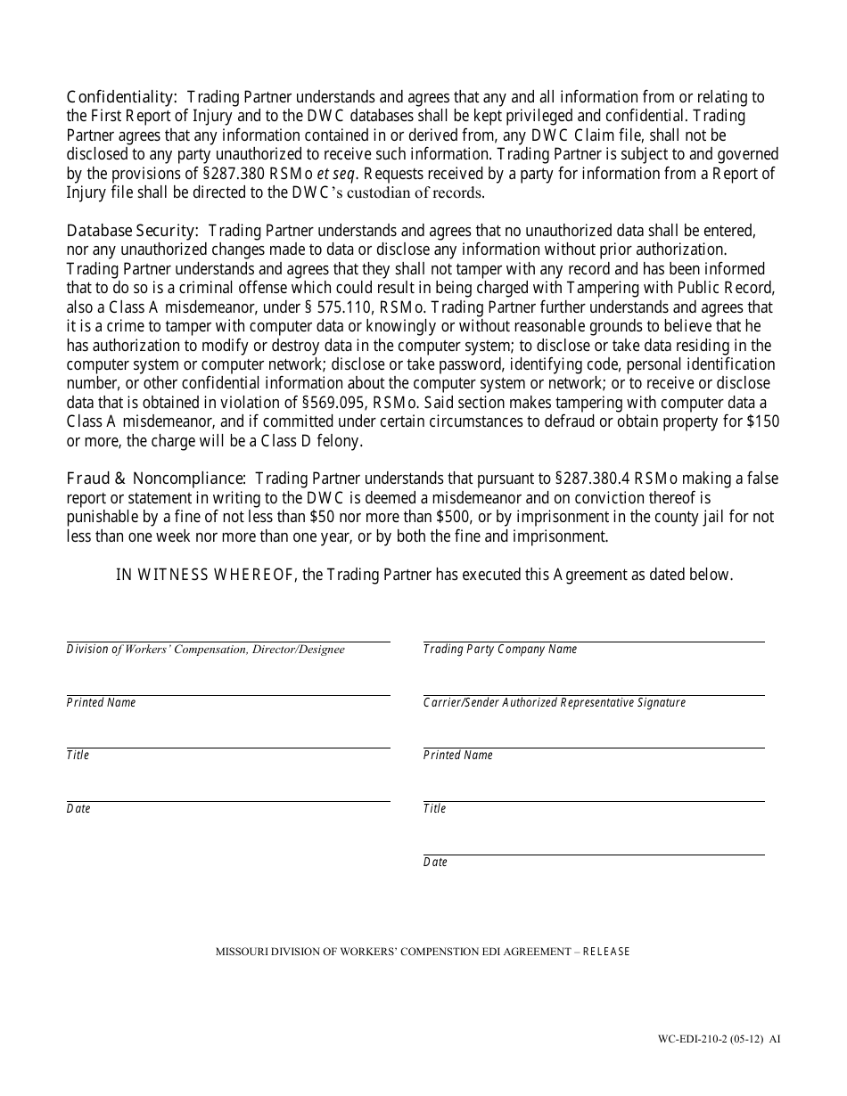 Form WC-EDI-210 Electronic Data Interchange (Edi) Project Agreement - Missouri, Page 2