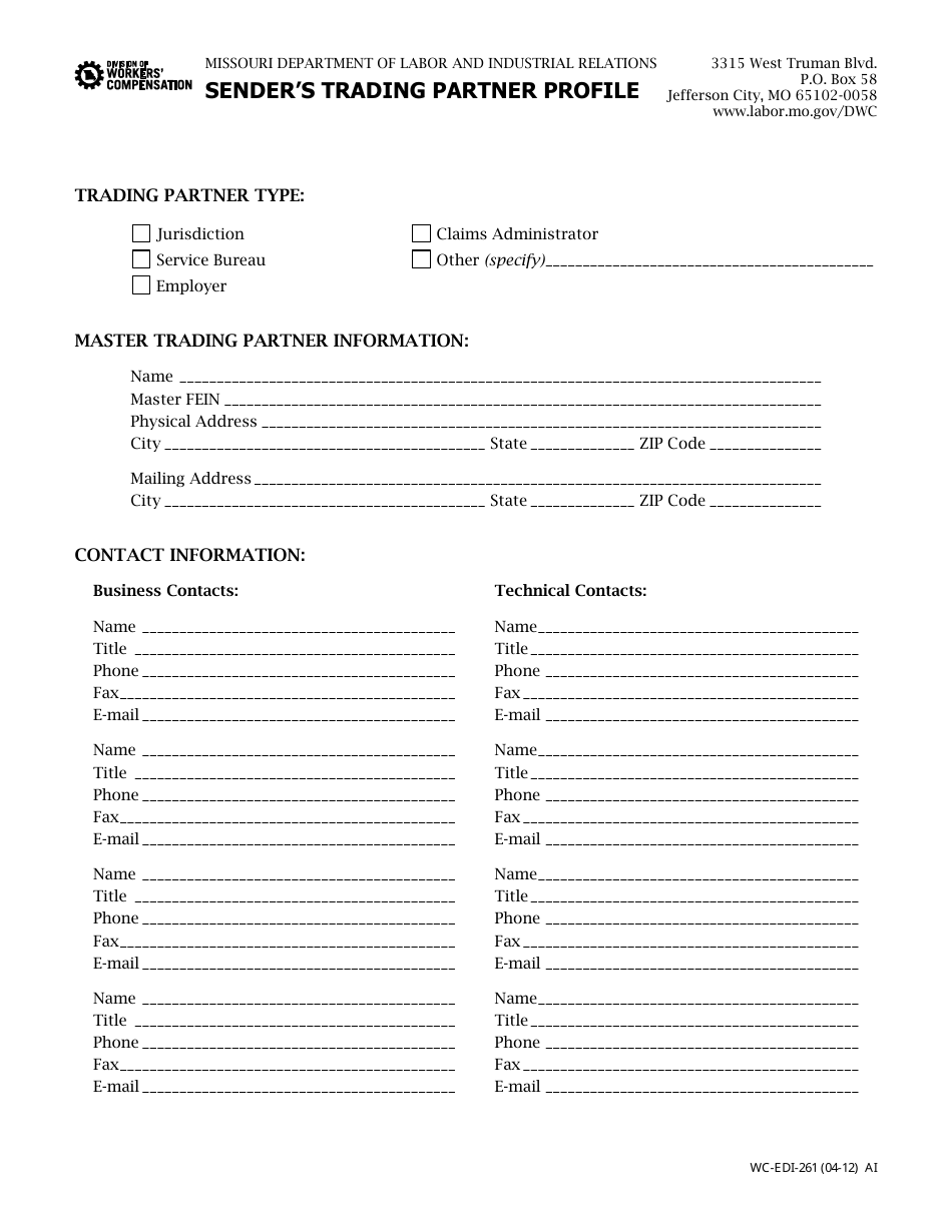 Form WC-EDI-261 Senders Trading Partner Profile - Missouri, Page 1
