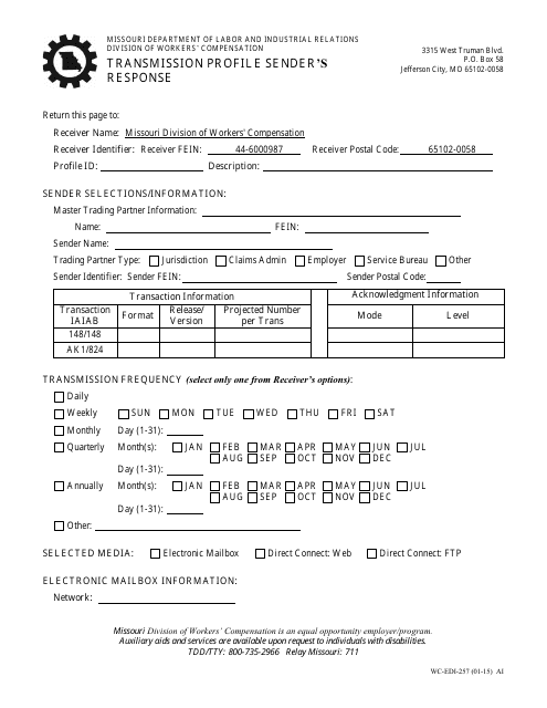 Form WC-EDI-257 Transmission Profile Sender's Response - Missouri