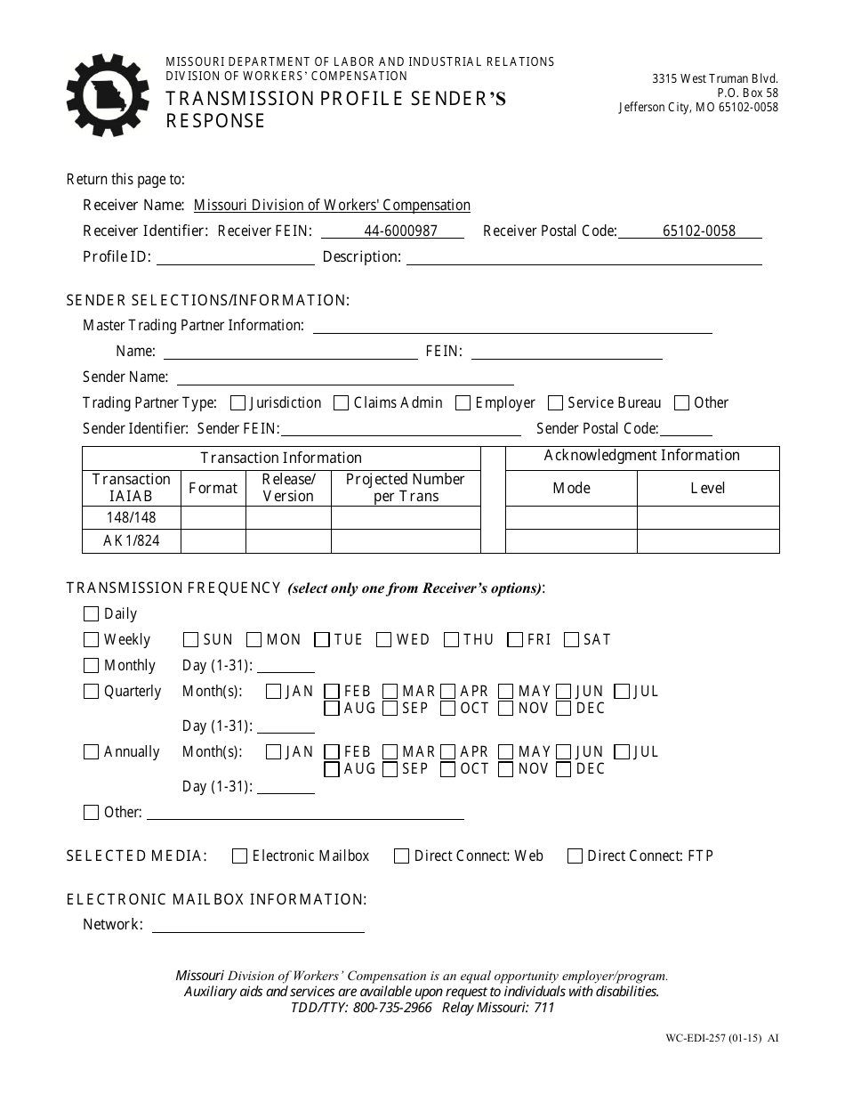 Form WC-EDI-257 Transmission Profile Senders Response - Missouri, Page 1