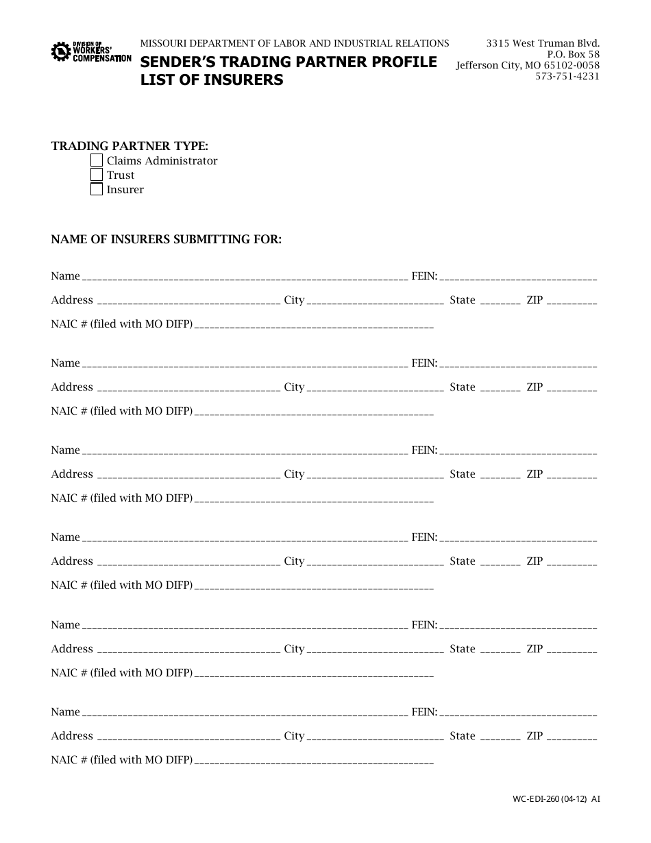Form WC-EDI-260 Senders Trading Partner Profile List of Insurers - Missouri, Page 1
