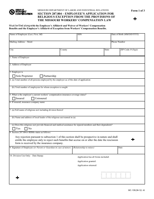 Form WC-138 Employee's Application for Religious Exception From the Provisions of the Missouri Workers' Compensation Law - Missouri