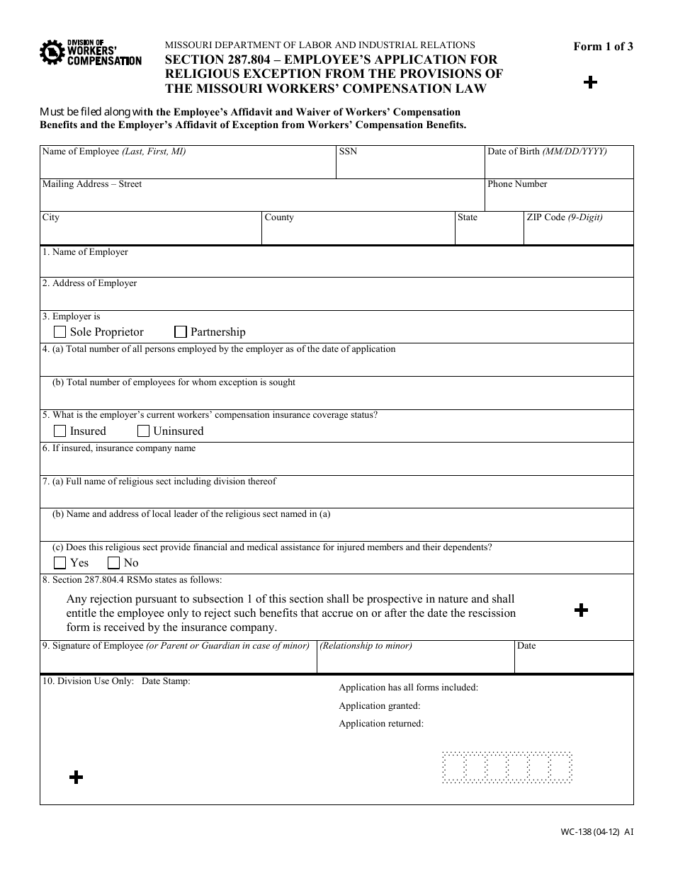 Form WC-138 Employees Application for Religious Exception From the Provisions of the Missouri Workers Compensation Law - Missouri, Page 1