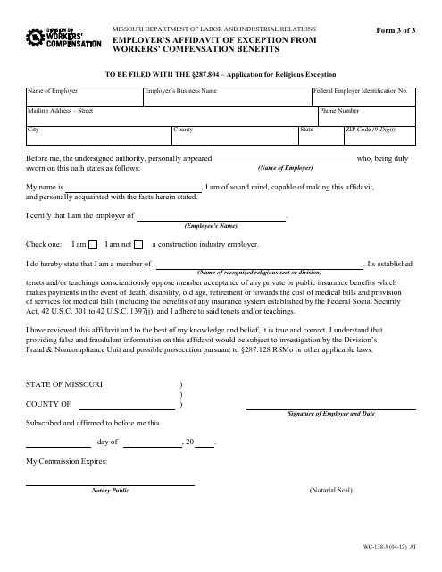 Form WC-138-5 Employer's Affidavit of Exception From Workers' Compensation Benefits - Missouri