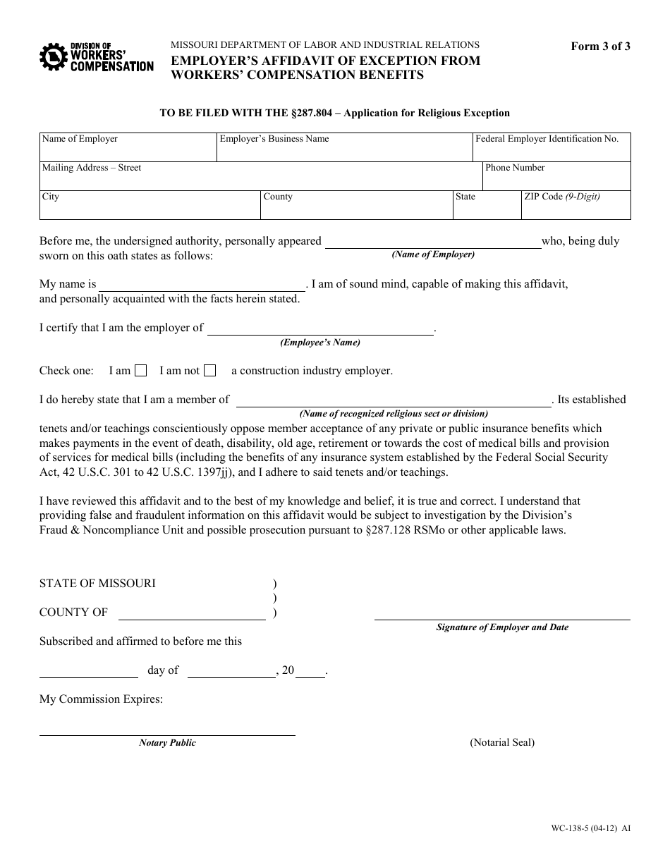 Form WC-138-5 Employers Affidavit of Exception From Workers Compensation Benefits - Missouri, Page 1