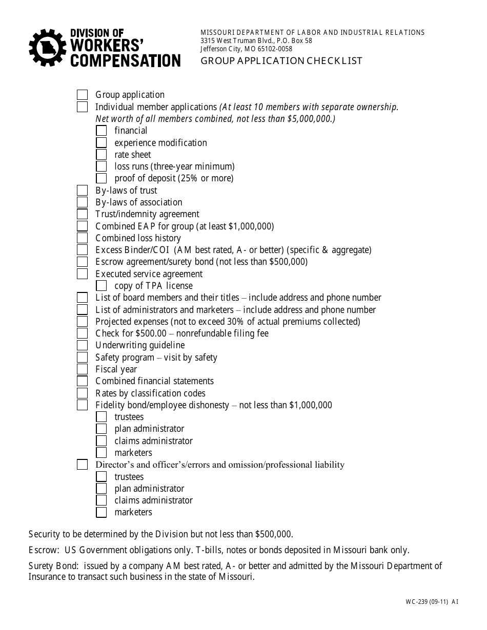 Form WC-239 Group Application Checklist - Missouri, Page 1