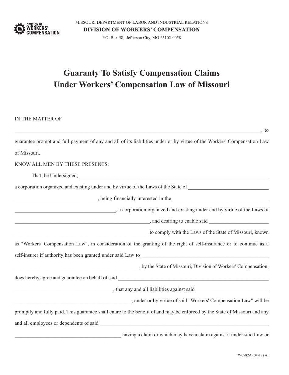 Form WC-82A Guaranty to Satisfy Compensation Claims Under Workers Compensation Law of Missouri - Missouri, Page 1