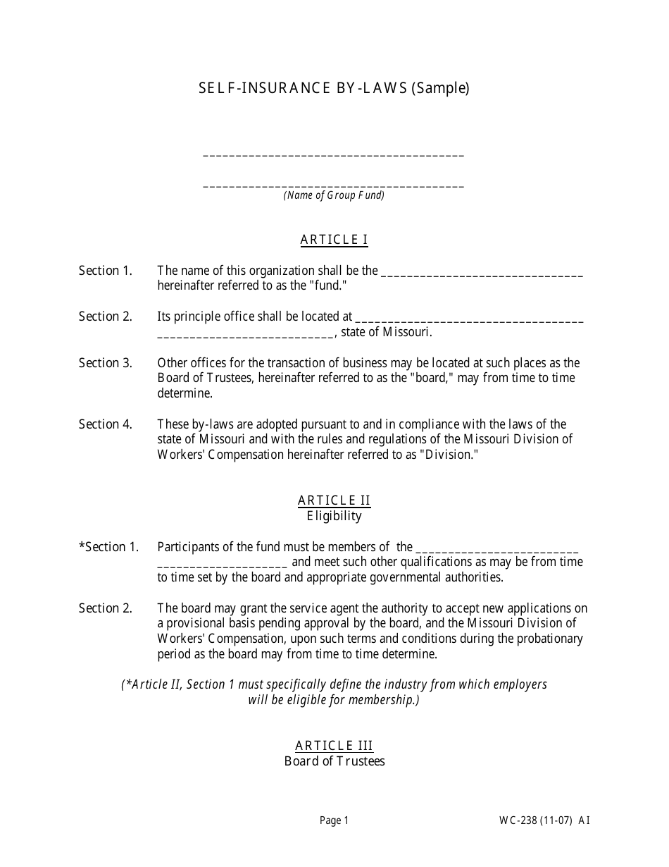 Form WC-238 Self-insurance by-Laws (Sample) - Missouri, Page 1