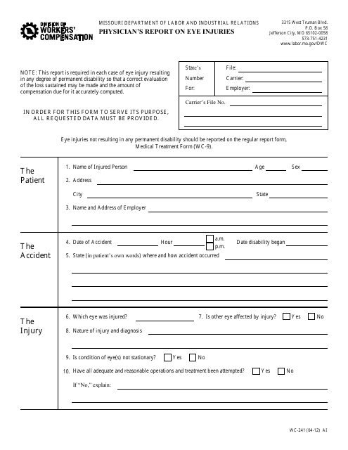 Form WC-241 Physician's Report on Eye Injuries - Missouri