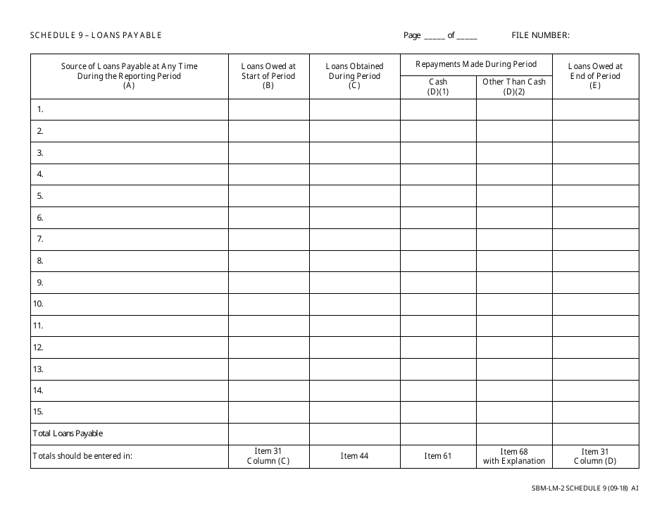 Form SBM-LM-2 Schedule 9 Loans Payable - Missouri, Page 1