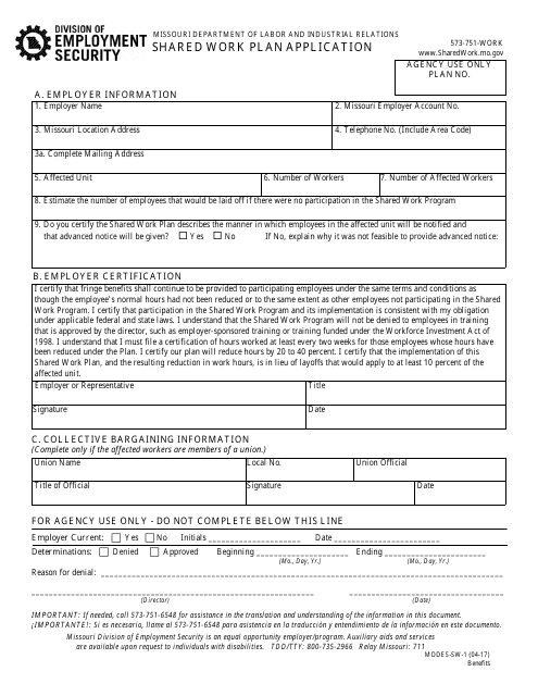 Form MODES-SW-1 Shared Work Plan Application - Missouri
