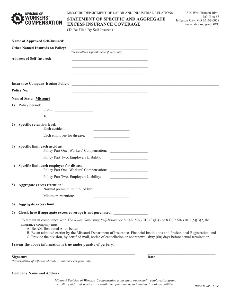 Form WC-121 Statement of Specific and Aggregate Excess Insurance Coverage - Missouri, Page 1