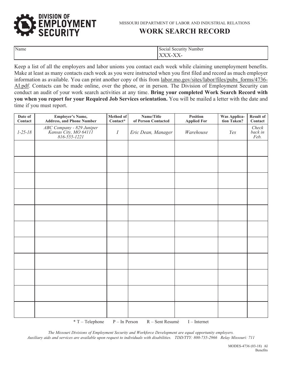 Form MODES-4736 Work Search Record - Missouri, Page 1