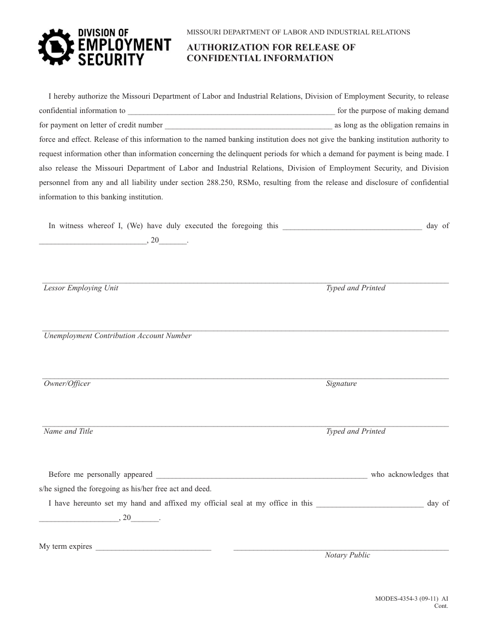 Form MODES-4354-3 Authorization for Release of Confidential Information - Missouri, Page 1