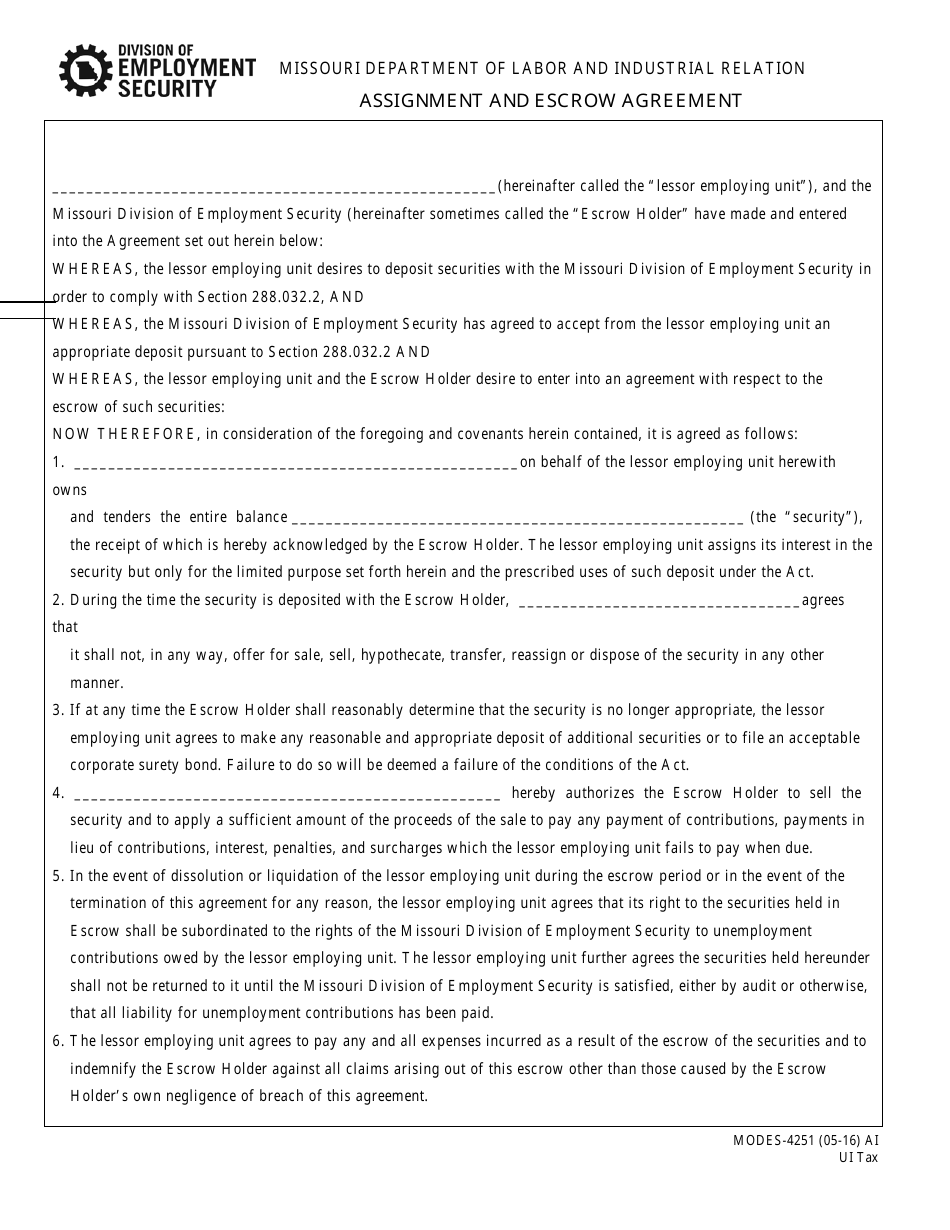 Form MODES-4251 Assignment and Escrow Agreement - Missouri, Page 1