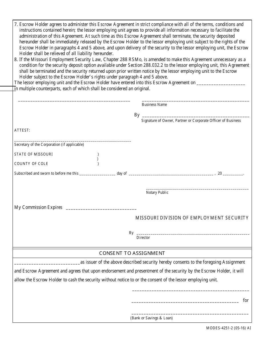 Form MODES-4251 Assignment and Escrow Agreement - Missouri, Page 2
