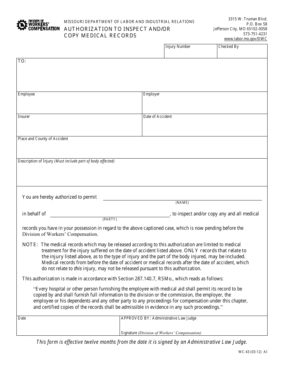 Form WC-43 Authorization to Inspect and/or Copy Medical Records - Missouri, Page 1