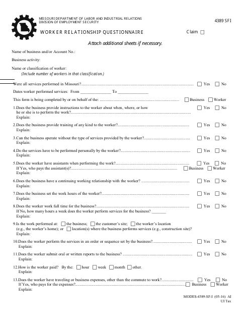 Form MODES-4389-SF-I Worker Relationship Questionnaire - Missouri