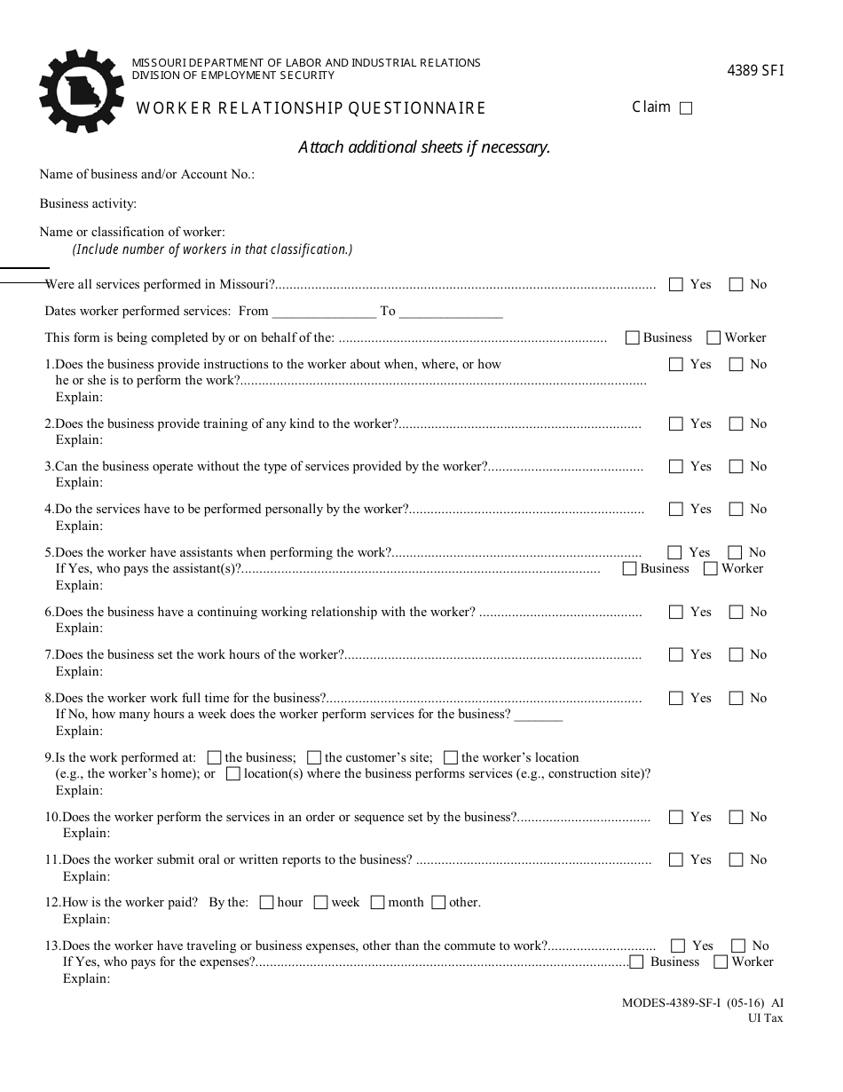 Form MODES-4389-SF-I Worker Relationship Questionnaire - Missouri, Page 1