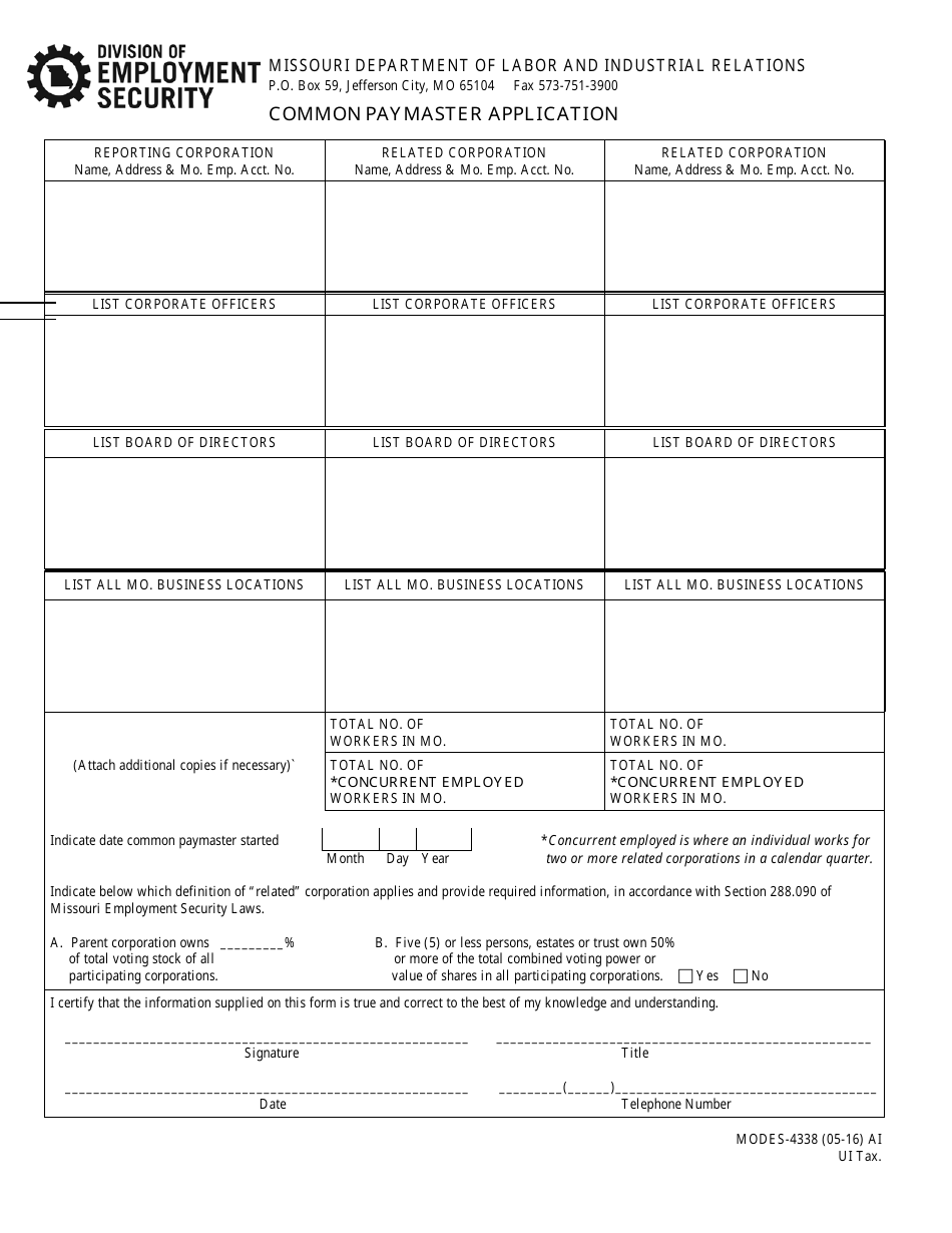 Form MODES-4338 Common Paymaster Application - Missouri, Page 1