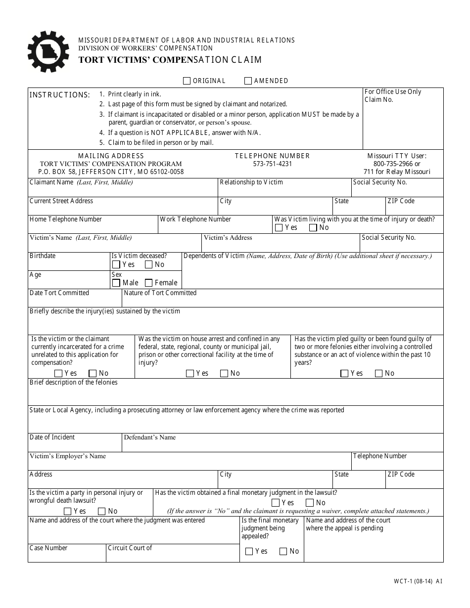 Form WCT-1 Tort Victims Compensation Claim - Missouri, Page 1