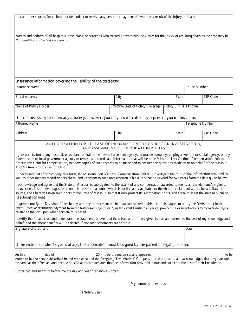 Form WCT-1 Tort Victims Compensation Claim - Missouri, Page 2