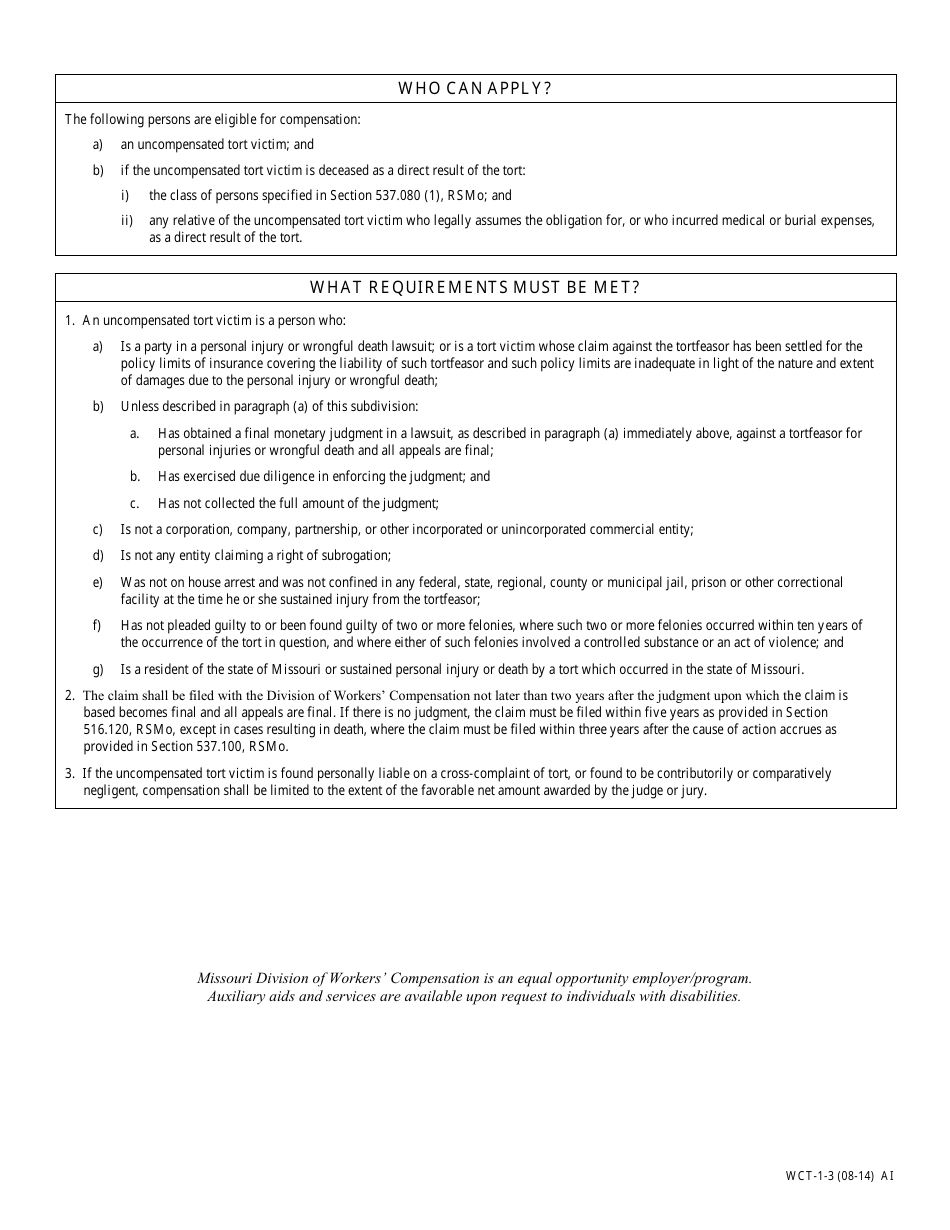 Form WCT-1 Tort Victims Compensation Claim - Missouri, Page 3
