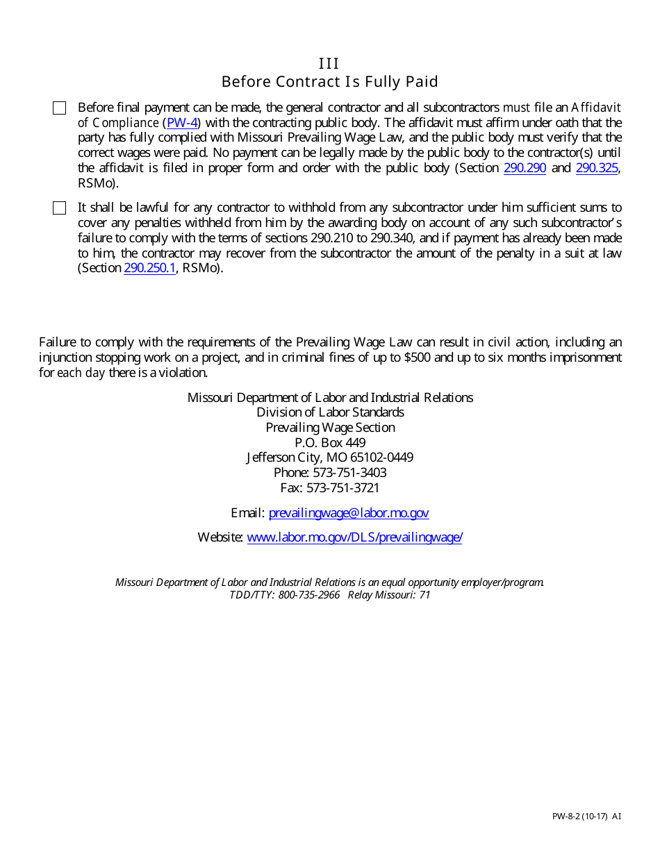 Form PW-8 Contractor Check-Off List - Missouri Public Works Projects - Missouri, Page 2