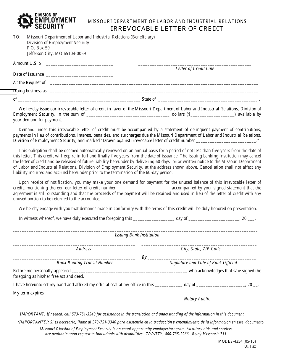 Form MODES-4354 Irrevocable Letter of Credit - Missouri, Page 1