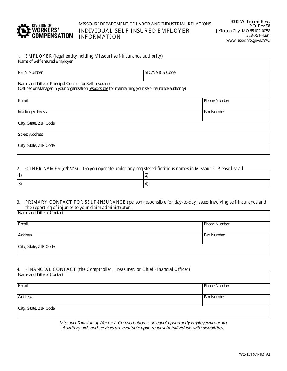 Form WC-131 Individual Self-insured Employer Information - Missouri, Page 1