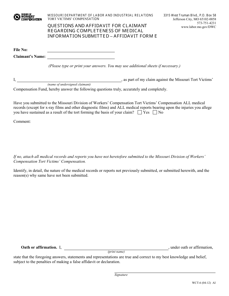 Form WCT-6 Affidavit Form E - Questions and Affidavit for Claimant Regarding Completeness of Medical Information Submitted - Missouri, Page 1