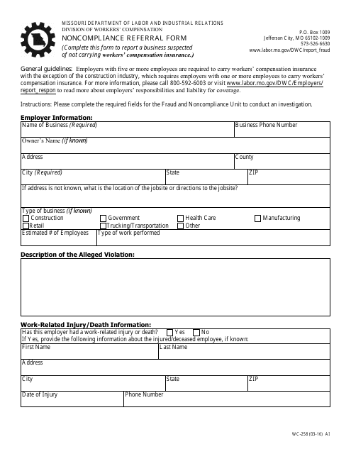 Form WC-258 Noncompliance Referral Form - Missouri