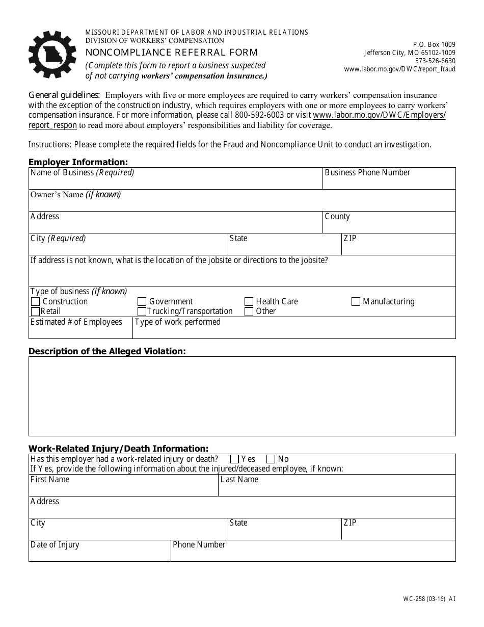 Form WC-258 Noncompliance Referral Form - Missouri, Page 1