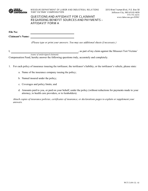Form WCT-2 Affidavit Form a - Questions and Affidavit for Claimant Regarding Benefit Sources and Payments - Missouri