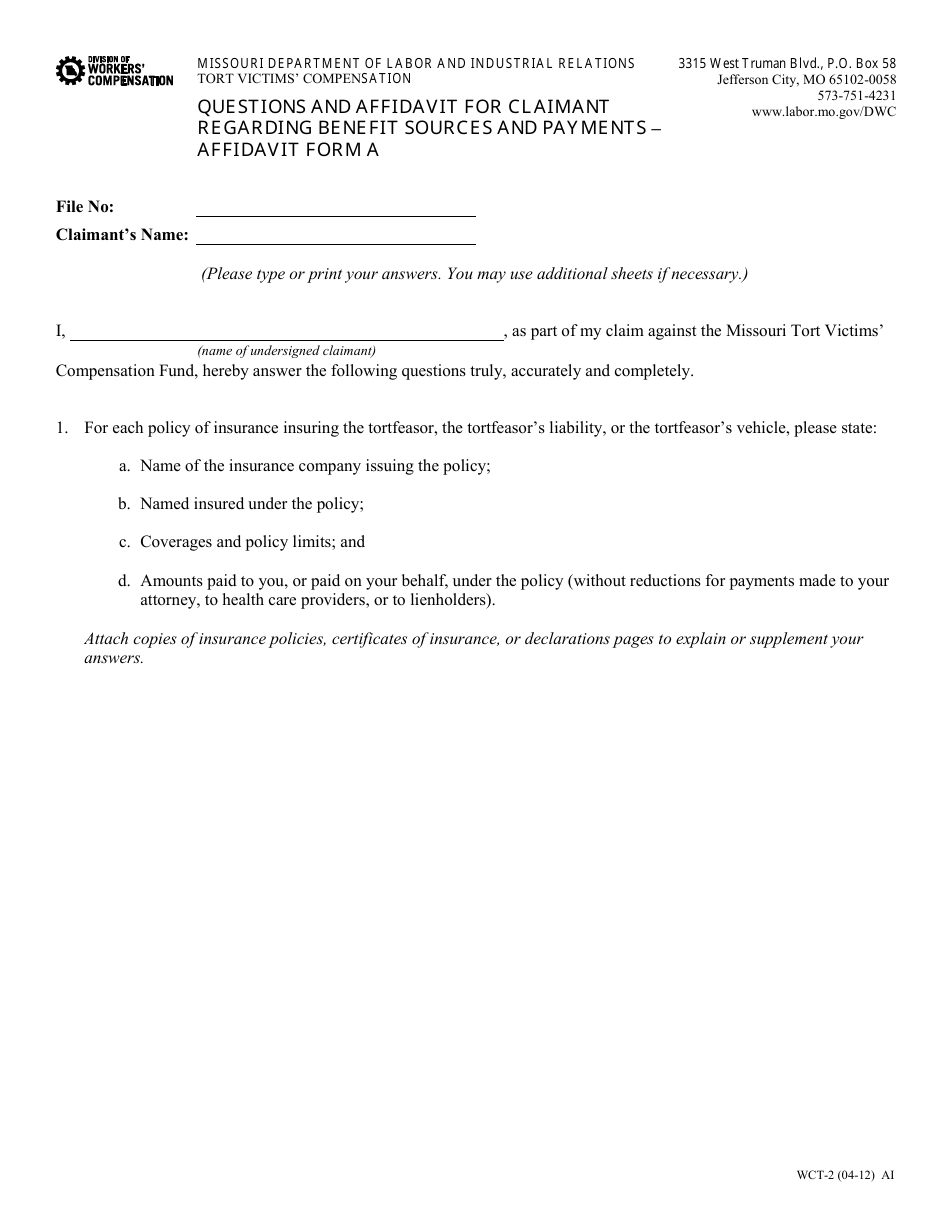 Form WCT-2 Affidavit Form a - Questions and Affidavit for Claimant Regarding Benefit Sources and Payments - Missouri, Page 1