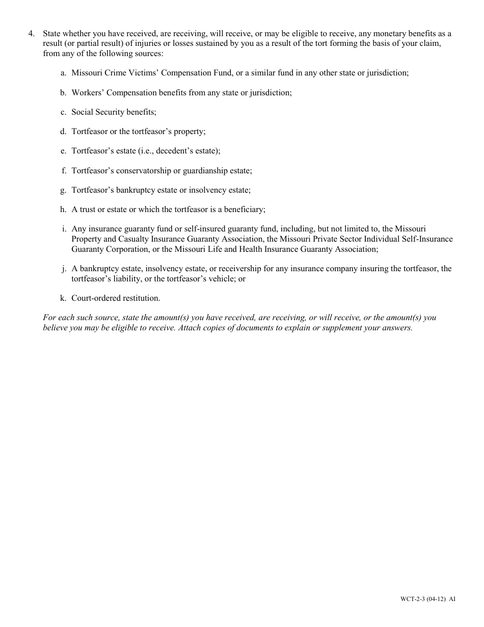 Form WCT-2 Affidavit Form a - Questions and Affidavit for Claimant Regarding Benefit Sources and Payments - Missouri, Page 3