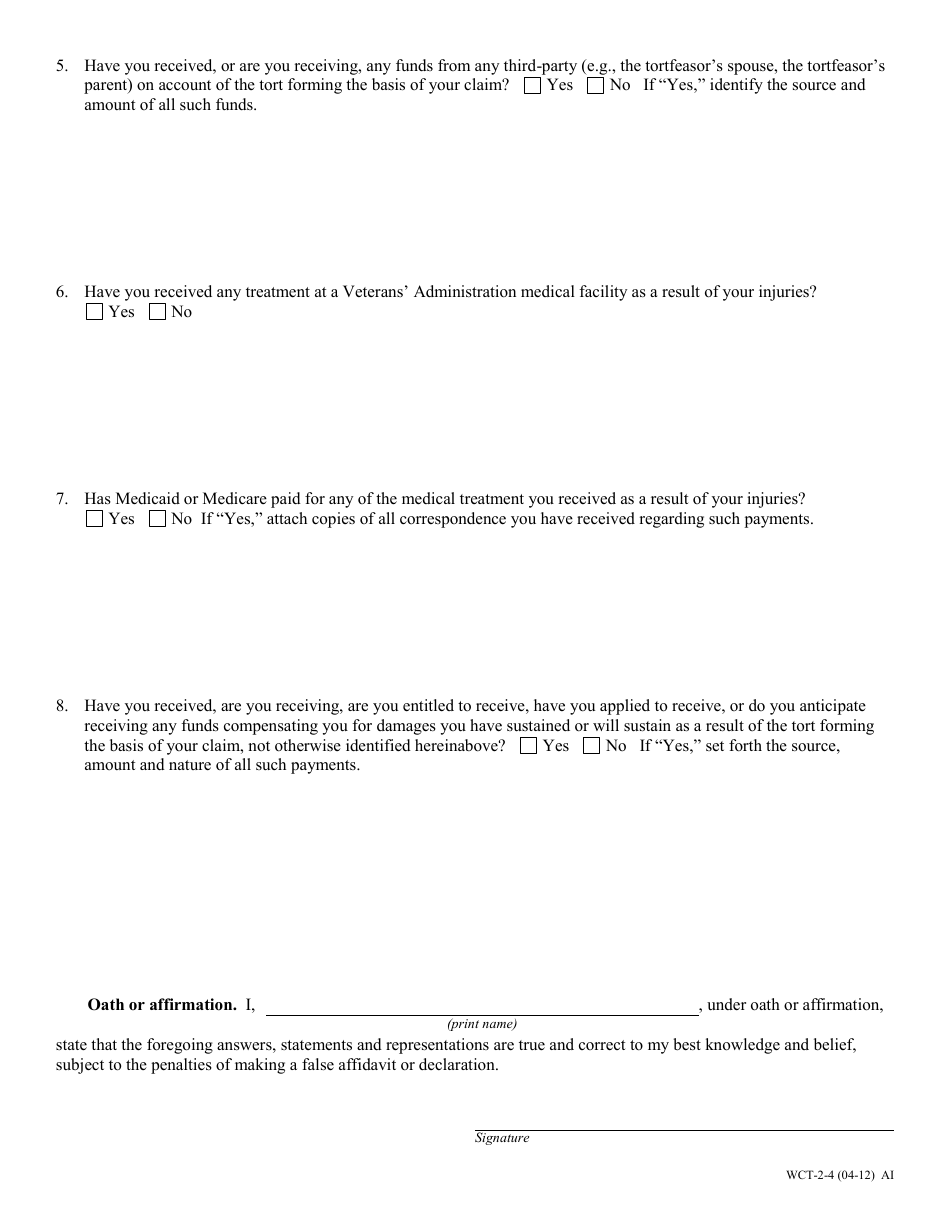 Form WCT-2 Affidavit Form a - Questions and Affidavit for Claimant Regarding Benefit Sources and Payments - Missouri, Page 4