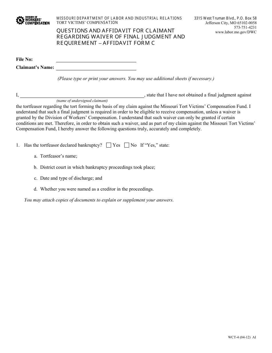 Form WCT-4 Affidavit Form C - Questions and Affidavit for Claimant Regarding Waiver of Final Judgement and Requirement - Missouri, Page 1