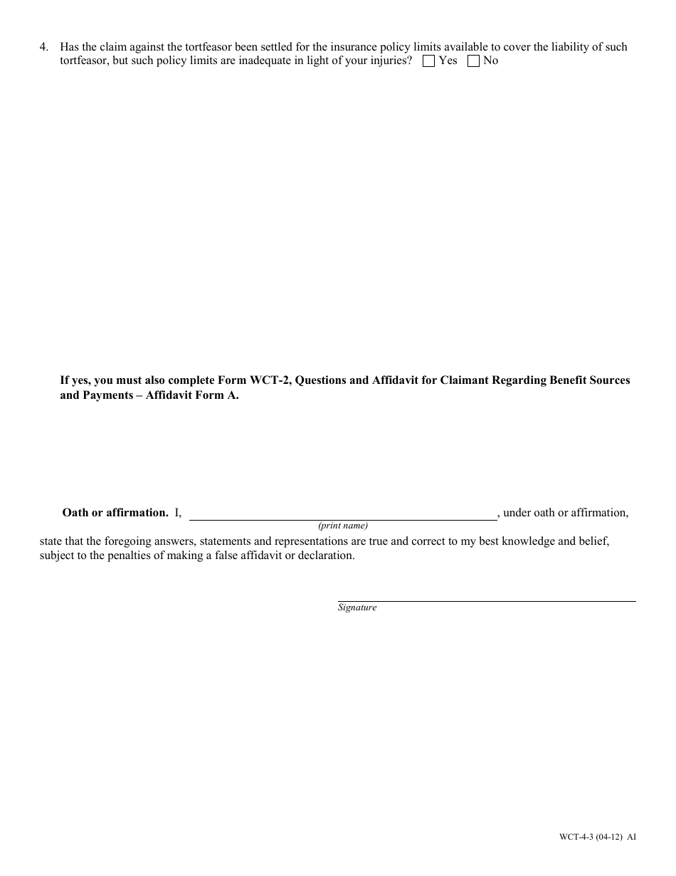 Form WCT-4 Affidavit Form C - Questions and Affidavit for Claimant Regarding Waiver of Final Judgement and Requirement - Missouri, Page 3