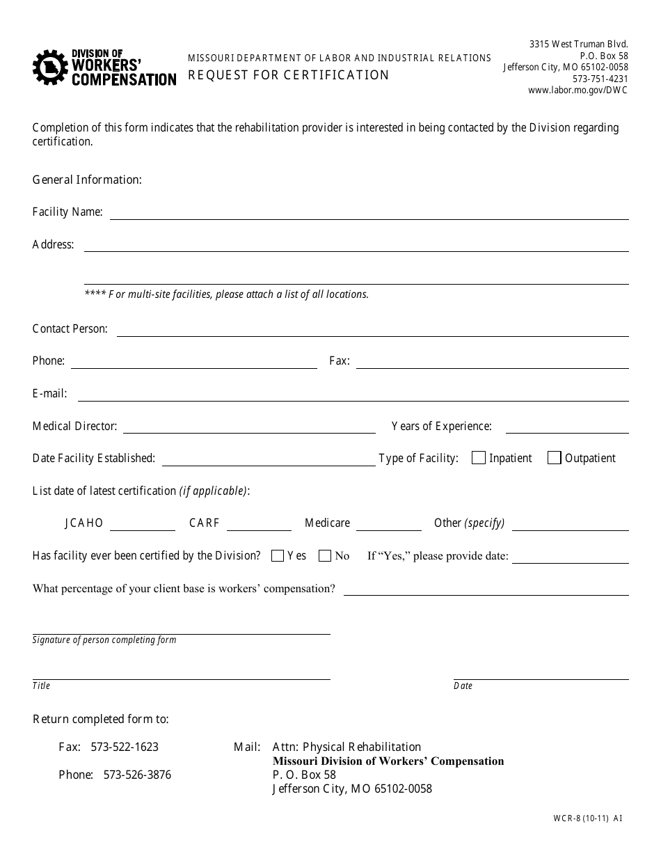 Form WCR-8 Request for Certification - Missouri, Page 1
