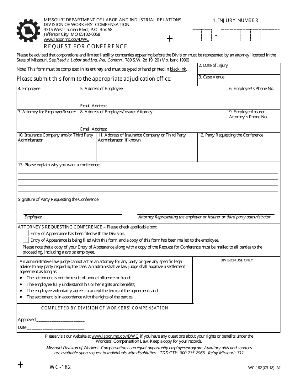 Form WC-182 Request for Conference - Missouri, Page 1